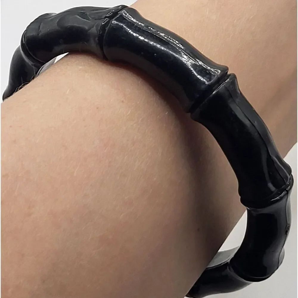 Vintage 80s Black Acrylic Bamboo Bangle Bracelet 2.6in Dia